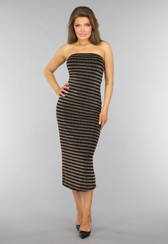 OP=OP.AV.12 Gouden Gestreepte Strapless Midi Jurk