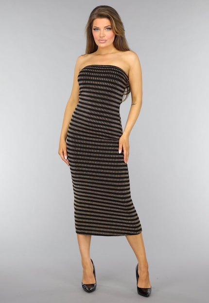 OP=OP.AV.12 Gouden Gestreepte Strapless Midi Jurk