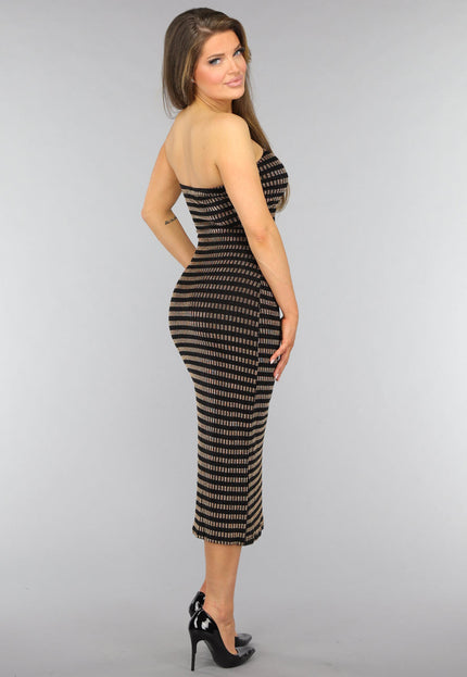 OP=OP.AV.12 Gouden Gestreepte Strapless Midi Jurk