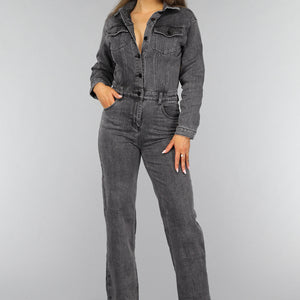 OP=OP.AV.12 Petite Grijze Straight Leg Denim Jumpsuit