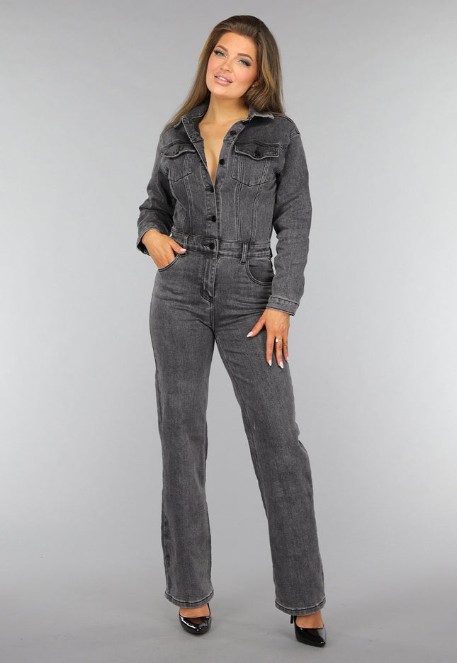 OP=OP.AV.12 Petite Grijze Straight Leg Denim Jumpsuit