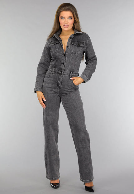 OP=OP.AV.12 Petite Grijze Straight Leg Denim Jumpsuit