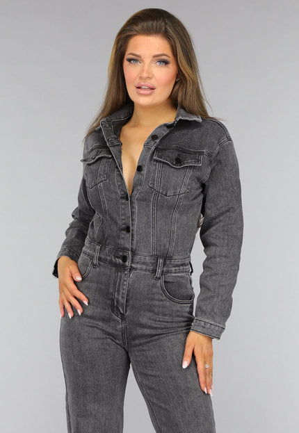 OP=OP.AV.12 Petite Grijze Straight Leg Denim Jumpsuit