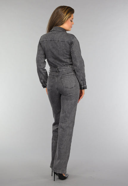 OP=OP.AV.12 Petite Grijze Straight Leg Denim Jumpsuit