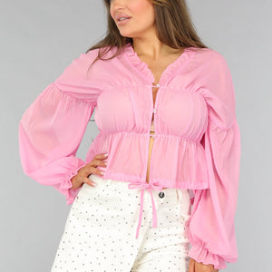 OP=OP.AV.09 Roze Doorschijnende Blouse met Strikdetail