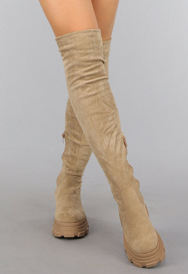 NEW0910 Zachte Gevoerde Taupe Overknee Laarzen in Suèdelook
