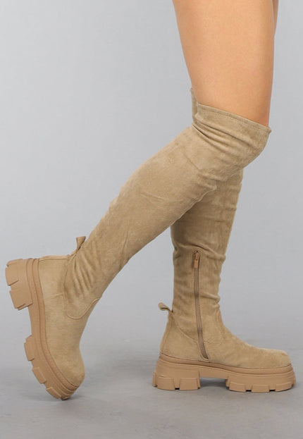 NEW0910 Zachte Gevoerde Taupe Overknee Laarzen in Suèdelook