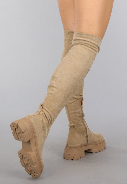 NEW0910 Zachte Gevoerde Taupe Overknee Laarzen in Suèdelook