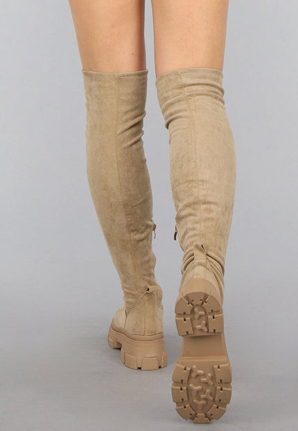 NEW0910 Zachte Gevoerde Taupe Overknee Laarzen in Suèdelook