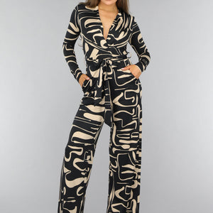 NEW0910 Zwarte Jumpsuit met Beige Patroon