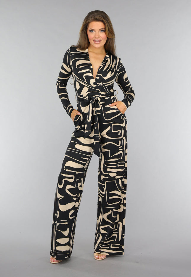 NEW0910 Zwarte Jumpsuit met Beige Patroon