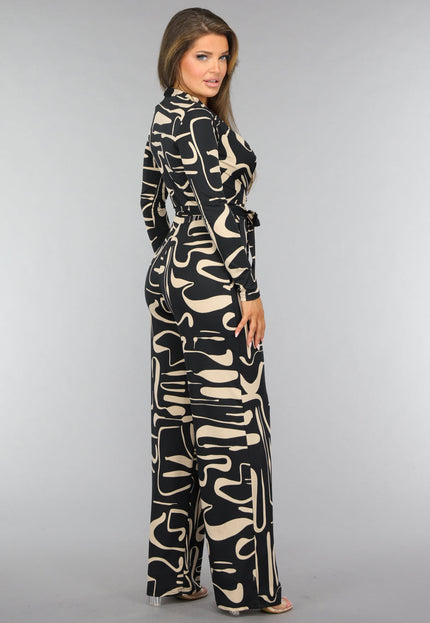 NEW0910 Zwarte Jumpsuit met Beige Patroon