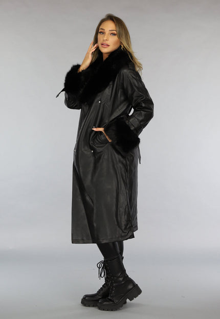 NEW0910 Zwarte Lange Lederlook Jas met Tailleband en Bont