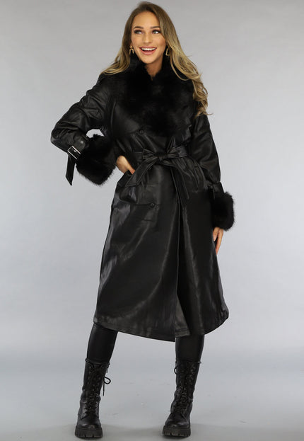 NEW0910 Zwarte Lange Lederlook Jas met Tailleband en Bont