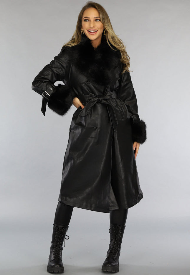 NEW0910 Zwarte Lange Lederlook Jas met Tailleband en Bont