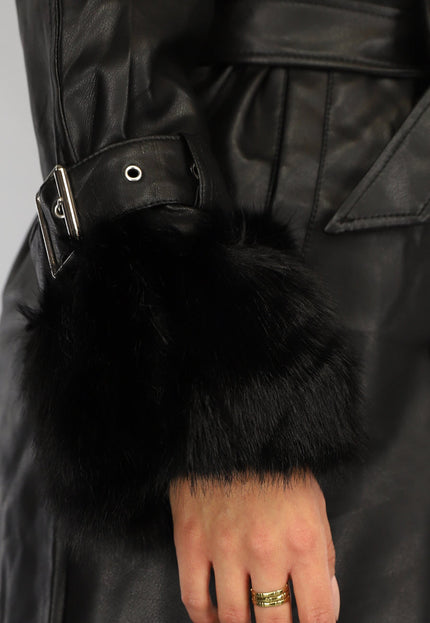 NEW0910 Zwarte Lange Lederlook Jas met Tailleband en Bont