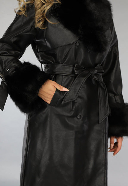 NEW0910 Zwarte Lange Lederlook Jas met Tailleband en Bont