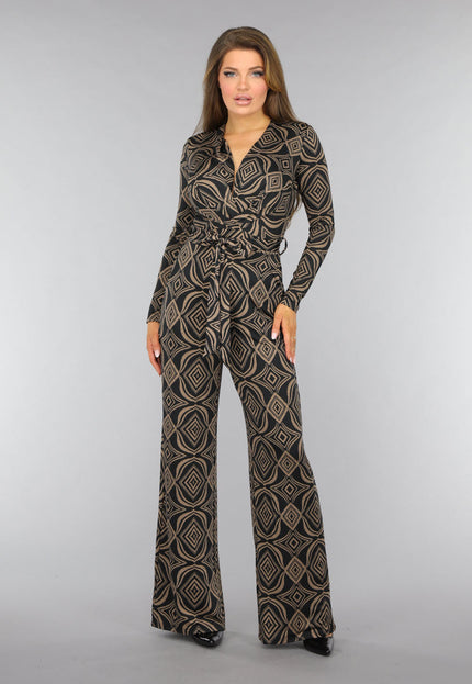 NEW0910 Zwarte Overslag Jumpsuit met Bruin Ruit Patroon
