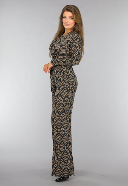 NEW0910 Zwarte Overslag Jumpsuit met Bruin Ruit Patroon