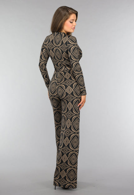 NEW0910 Zwarte Overslag Jumpsuit met Bruin Ruit Patroon