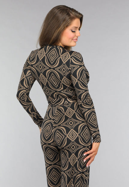 NEW0910 Zwarte Overslag Jumpsuit met Bruin Ruit Patroon