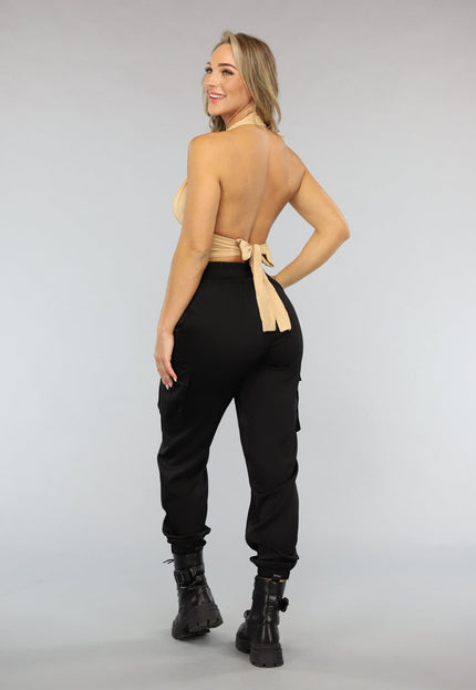 OP=OP.AV.09 Elastische Beige Top met Open Rug