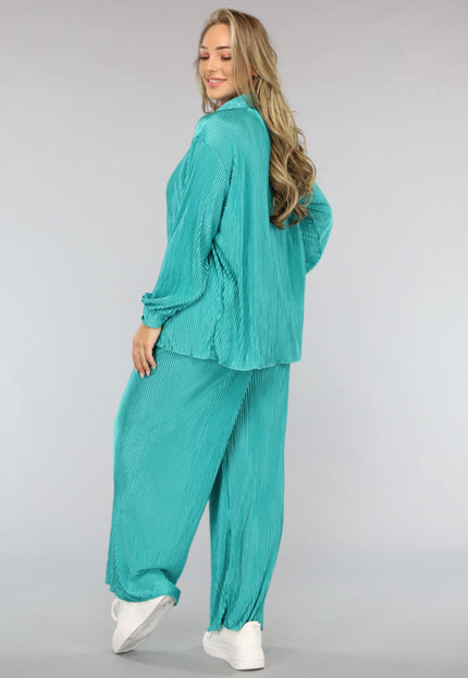 NEW1004 Glanzende Plissé Set in Zeegroen