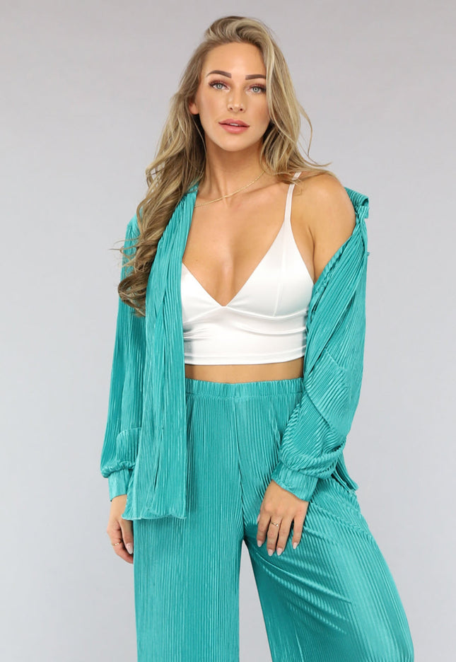 NEW1004 Glanzende Plissé Set in Zeegroen