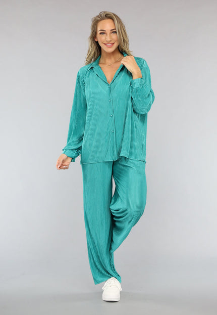 NEW1004 Glanzende Plissé Set in Zeegroen