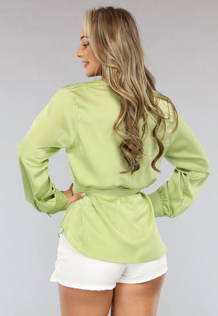 NEW1004 Groene Satijnen Overslag Blouse met Ceintuur