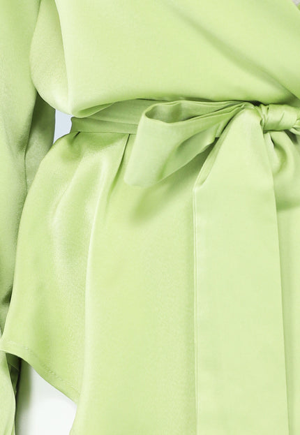NEW1004 Groene Satijnen Overslag Blouse met Ceintuur