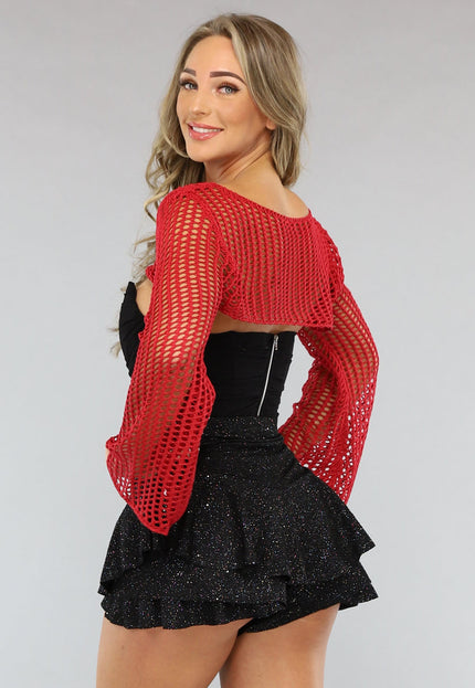 NEW1004 Rode Gehaakte Top met Flair Mouwen