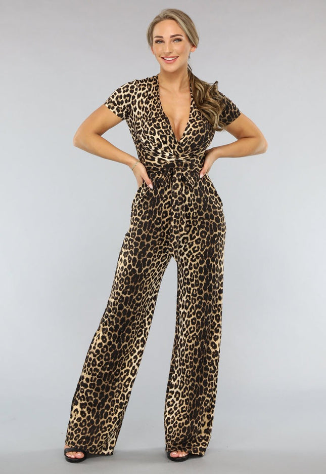 NEW1004 Wide Leg Korte Mouwen Jumpsuit met Panterprint