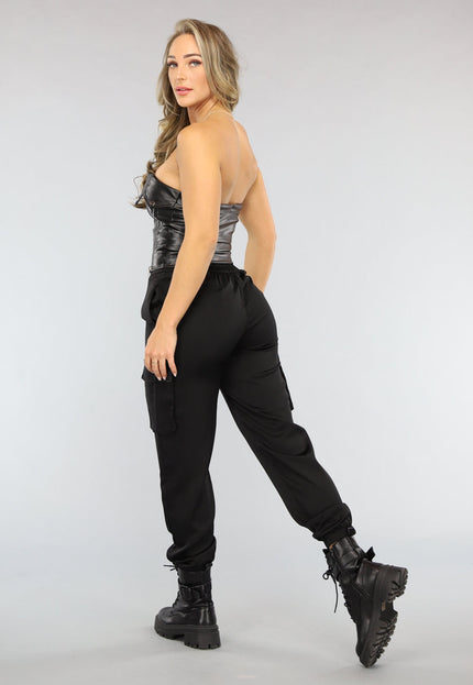 NEW1004 Zwarte Lederlook Bandeau Top met Ritsjes