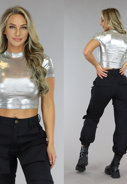 OP=OP.03.NL Zilveren Metallic Cropped T-Shirt