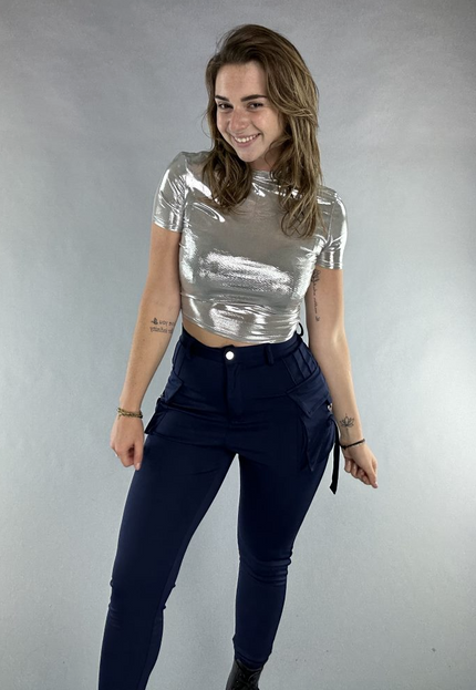 OP=OP.03.NL Zilveren Metallic Cropped T-Shirt