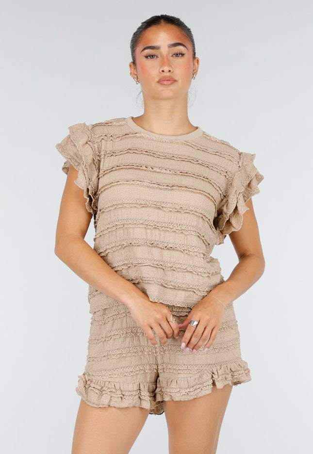 NEW100626 Beige Gehaakte Ruffle Co-ord Set
