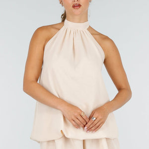 NEW100626 Beige Halter Mini Jurk met Open Rug