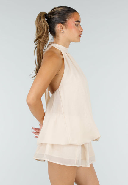 NEW100626 Beige Halter Mini Jurk met Open Rug