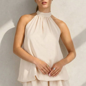 NEW100626 Beige Halter Mini Jurk met Open Rug