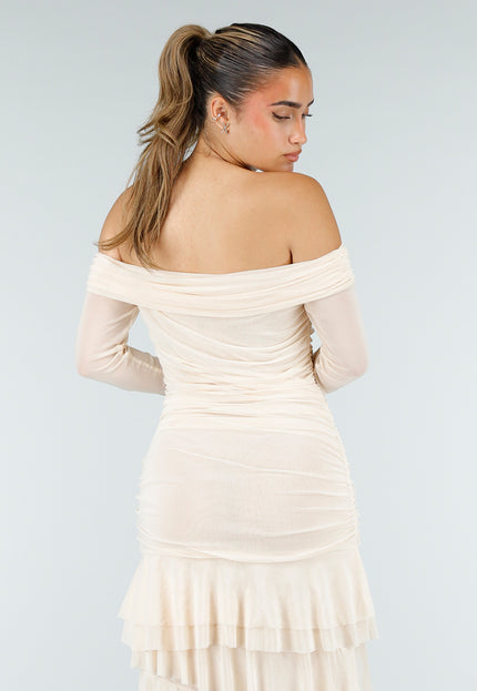 NEW100626 Beige Off Shoulder Mesh Jurk
