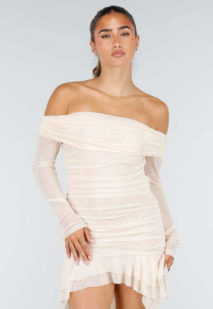 NEW100626 Beige Off Shoulder Mesh Jurk