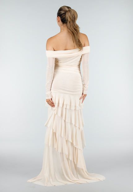 NEW100626 Beige Off Shoulder Mesh Jurk