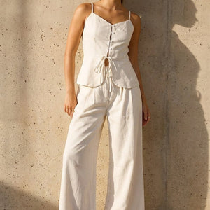 NEW100626 Beige Top en Wide Leg Broek Set