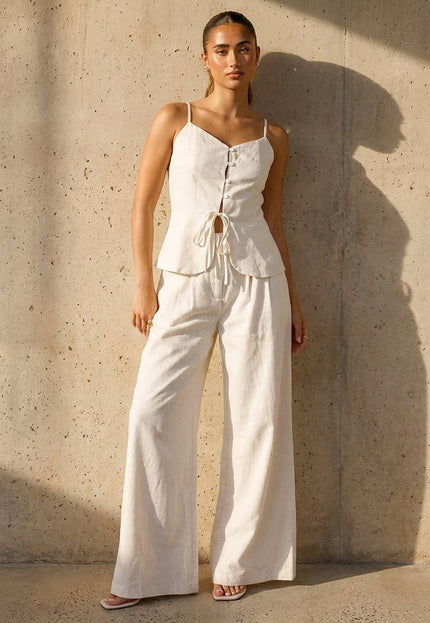 NEW100626 Beige Top en Wide Leg Broek Set
