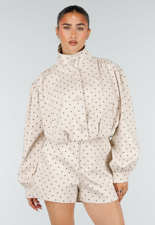 NEW100626 Beige Two Piece Set met Zwarte Stippen