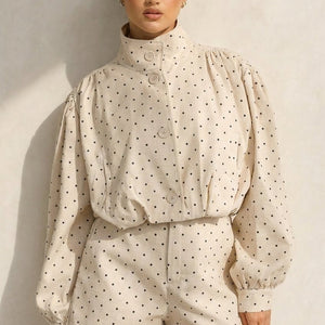 NEW100626 Beige Two Piece Set met Zwarte Stippen