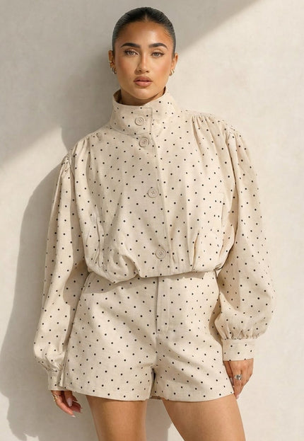 NEW100626 Beige Two Piece Set met Zwarte Stippen