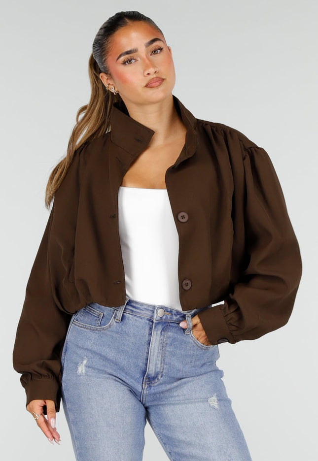 NEW100626 Bruin Kort Jasje met Hoge Kraag