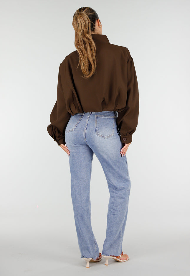 NEW100626 Bruin Kort Jasje met Hoge Kraag